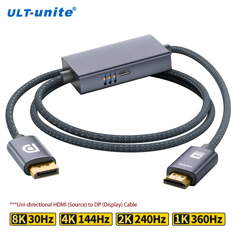 8K30Hz HDMI Source to DisplayPort Cable Unidirectional HDMI to DP 1.4 Cable 4K144Hz 2K240Hz for Monitor PS5 Xbox Laptop Computer