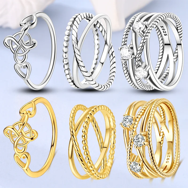 

Original Silver Women Rings Golden Celtic Knot Intertwined Lines Ring For Engagement Jewelry Anniversary Gift