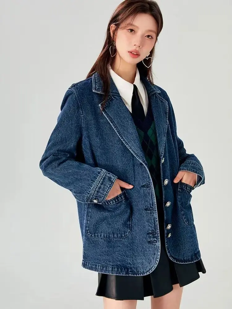 

Women's Retro Embroidered Denim Suit Jacket Autumn Winter Outerwear Loose Casual Female Long Sleeves Thin Coat