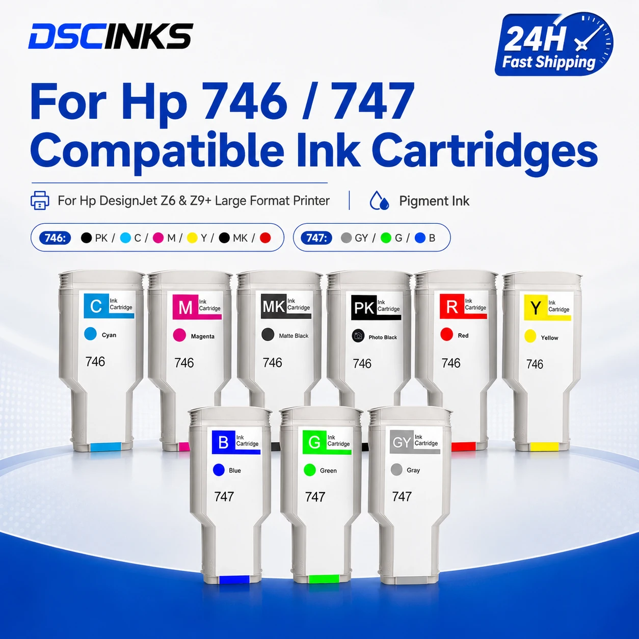 For HP 746 747 Compatible Ink Cartridges With 300ML Full Ink Chip For HP DesignJet Z6 Z9+ Printer 9Colors Plug and Play