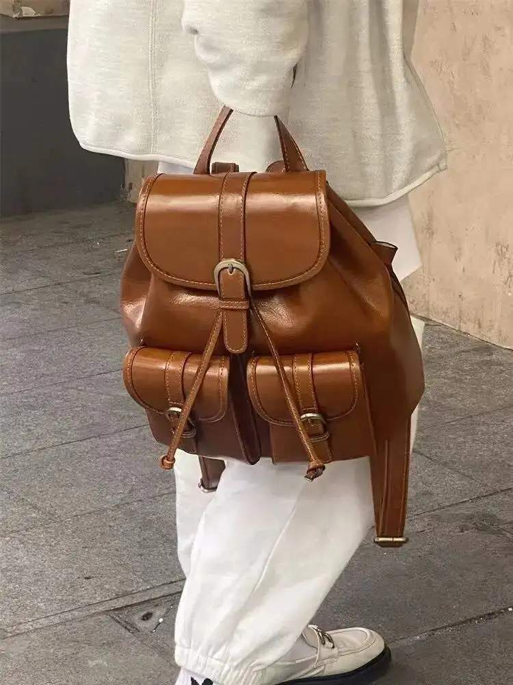Bloom Vintage Brown Backpacks Women Retro Pu Leather Chic Solid Y2k Backpack Female Haruku Mini Mochila Aesthetic
