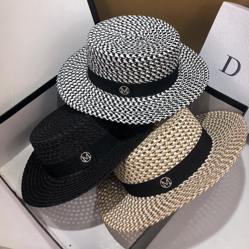 Summer Fashion M Letter Woven Hollow Flat Top Straw Hat Women Foldable Travel Holiday Sunshade Sunscreen Panama Beach Cap