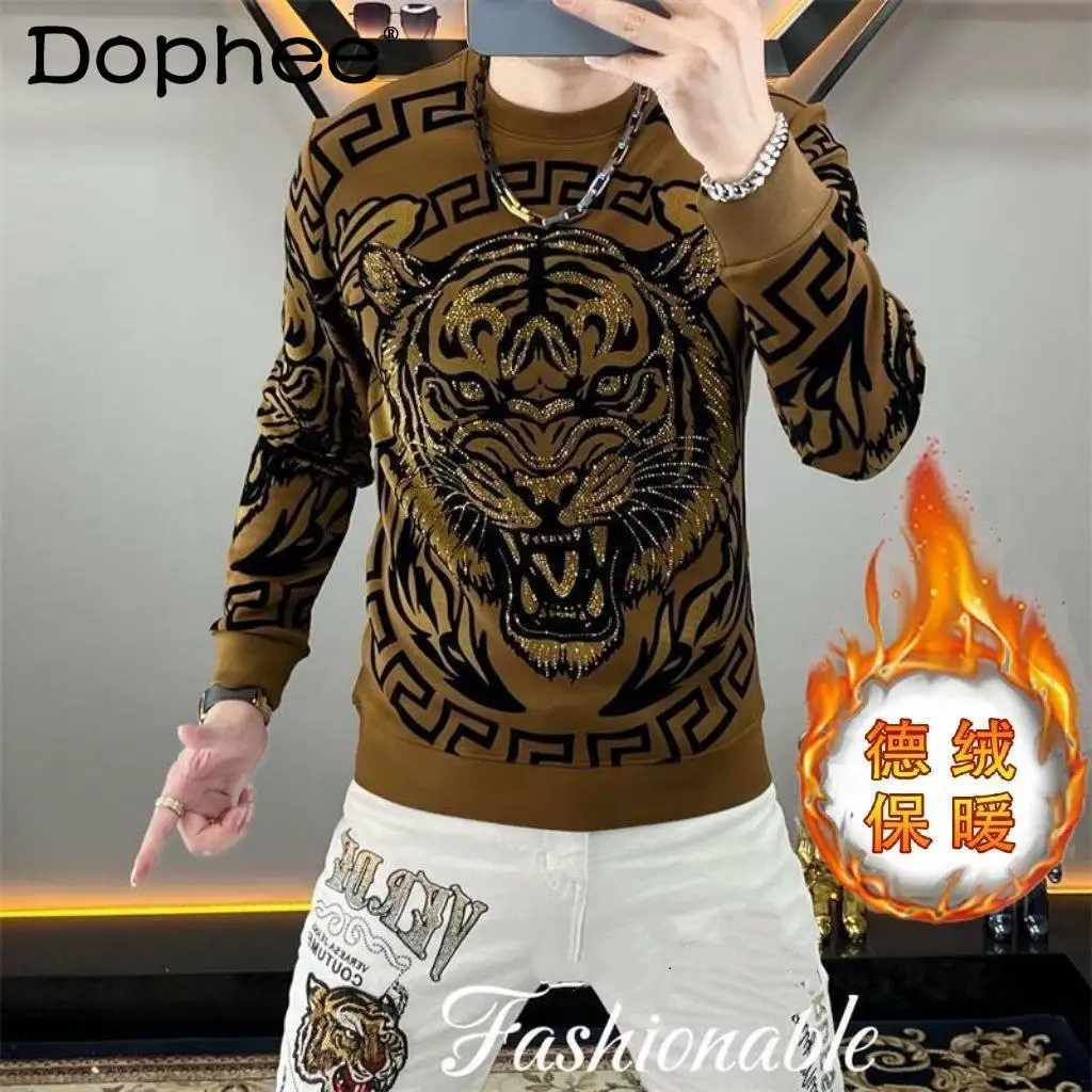 

2025 Autumn Winter Trendy Fashion Fleece-Lined Warm Long Sleeve T-Shirt Round Neck Heavy Rhinestone Casual Sweatshirt for Men