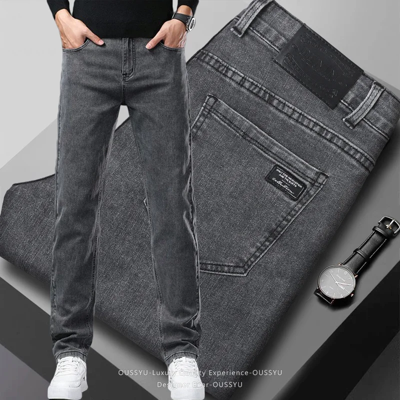 2026 Men's Jeans Slim Elastic Straight Casual Denim Pants Korean Cotton Work Male Spring Summer Trousers Man Black Gray