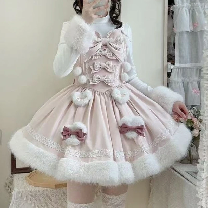 Комплект платья-накидки с капюшоном и ушками кролика в стиле Sweet Lolita, розовый, для женщин и девочек, с кружевом, бантом, помпонами и меховой отделкой, для косплея, вечеринок и повседневной носки