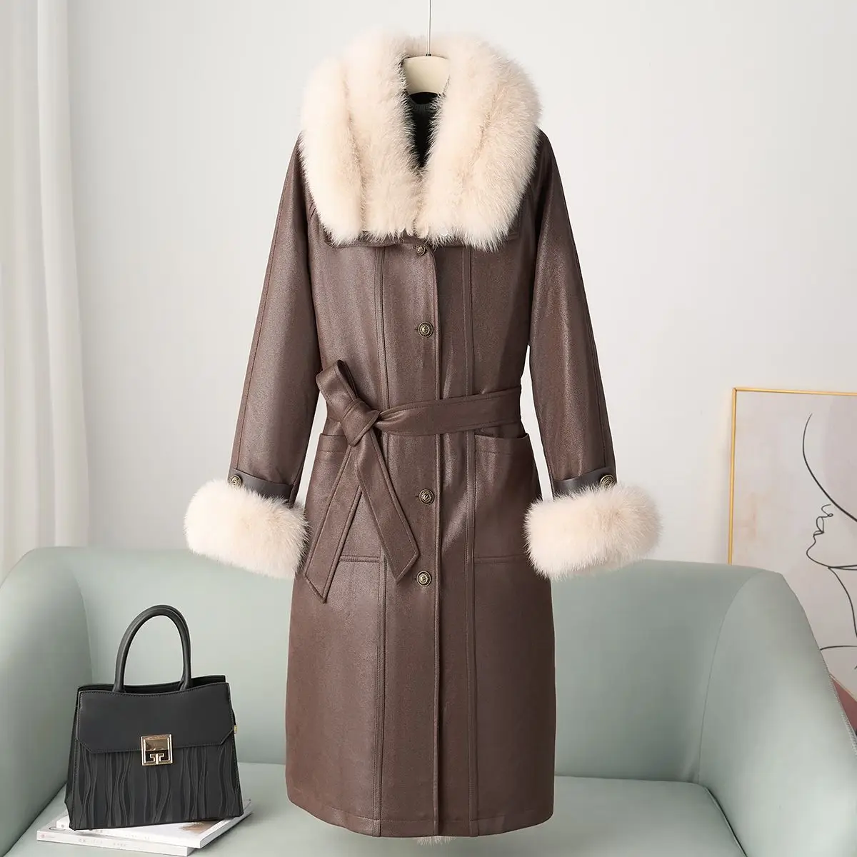 2025 outono e inverno novo plus size gola de pele de raposa casaco de pele preenchido com penas de ganso longo para mulher