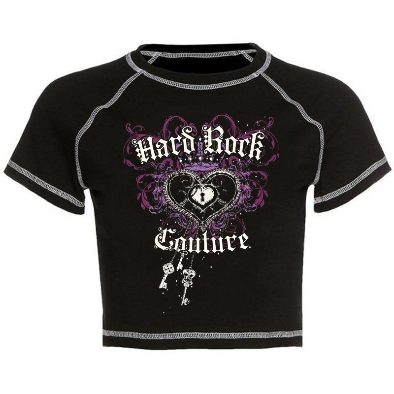 Retro Graphic Crop Top Black Short Sleeve O Neck Casual T Shirt for Women y2k Aesthetic Vintage Basic Tees Ladies Clothes