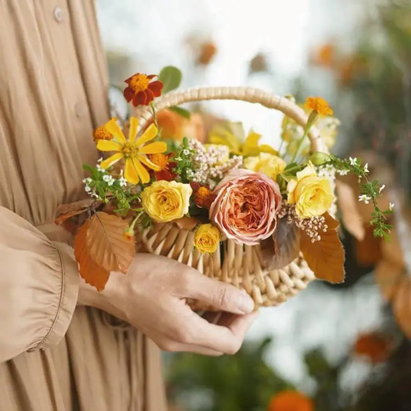 

Handmade Half Moon Flower Basket Woven Basket With Handle Willow Rattan Wicker Basket Girl