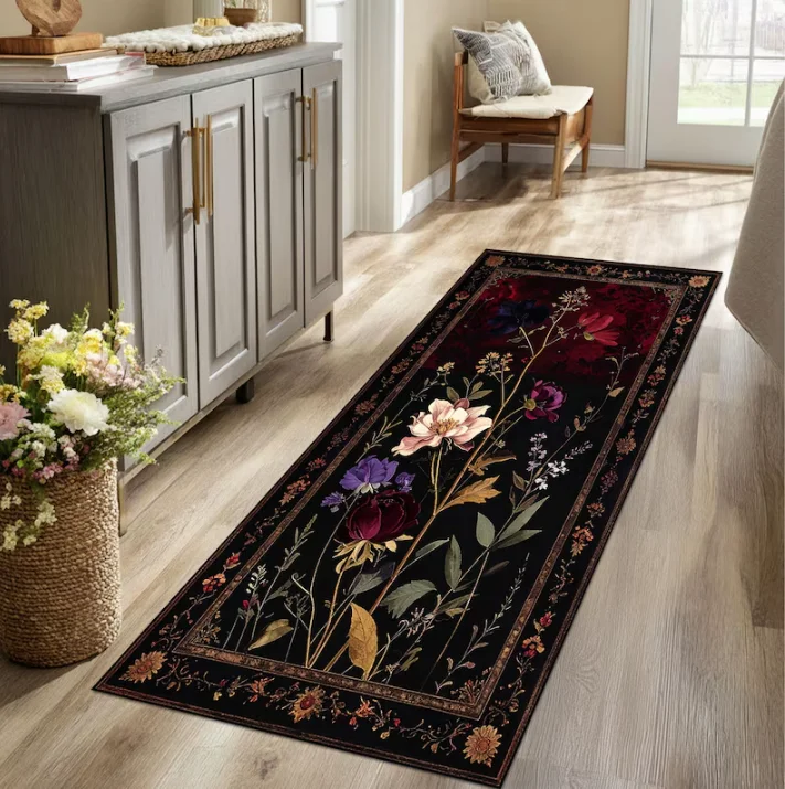 Boho Vintage Floral Hallway Runner Rug Retro Black Based Non Slip Long Kitchen Runner Rug Washable Floor Mat Carpet for Entryway