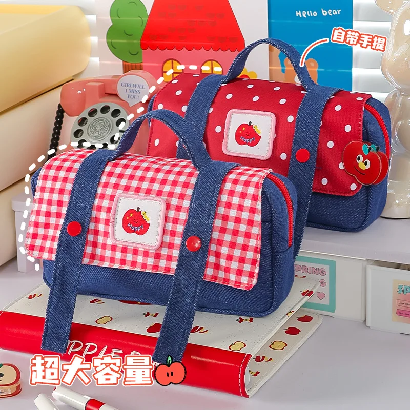 Aesthetic Contrast Denim Pen Bag Apple Patch Snap Button Flap Wide Opening Large Storage Pencil Pouch Soft Stationery Bag