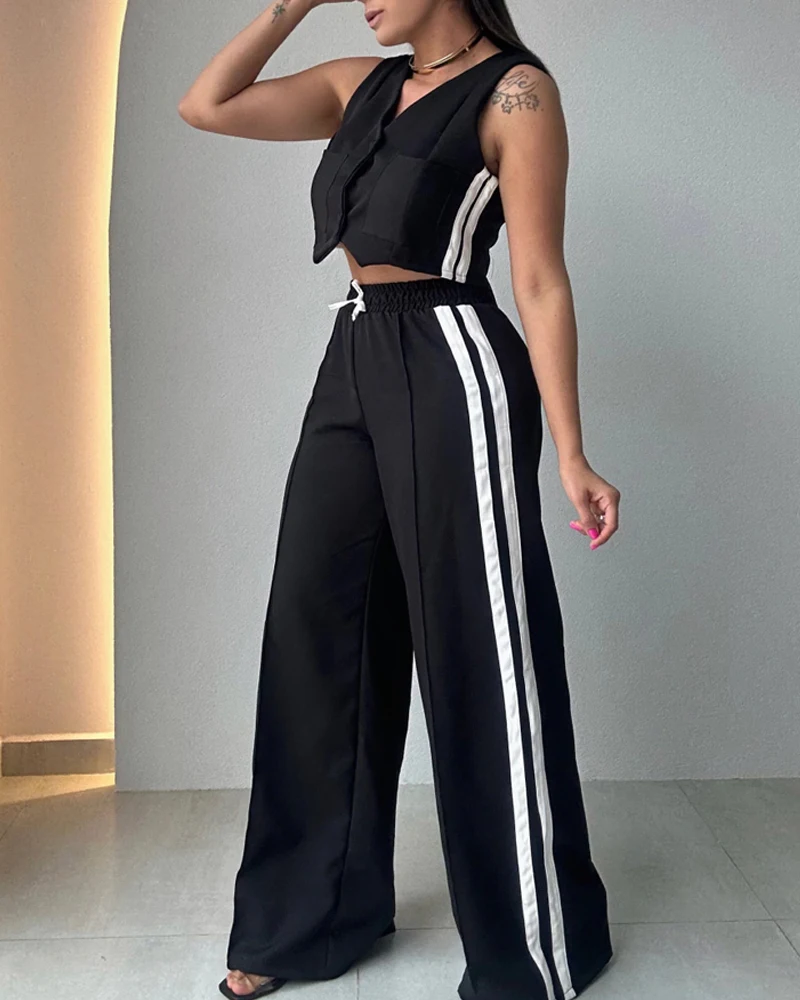 2024 Women 2 Piece Striped V-Neck Slim Fit Sleeveless Front Button Tank Drawstring Wide Leg Casual Pants Sets