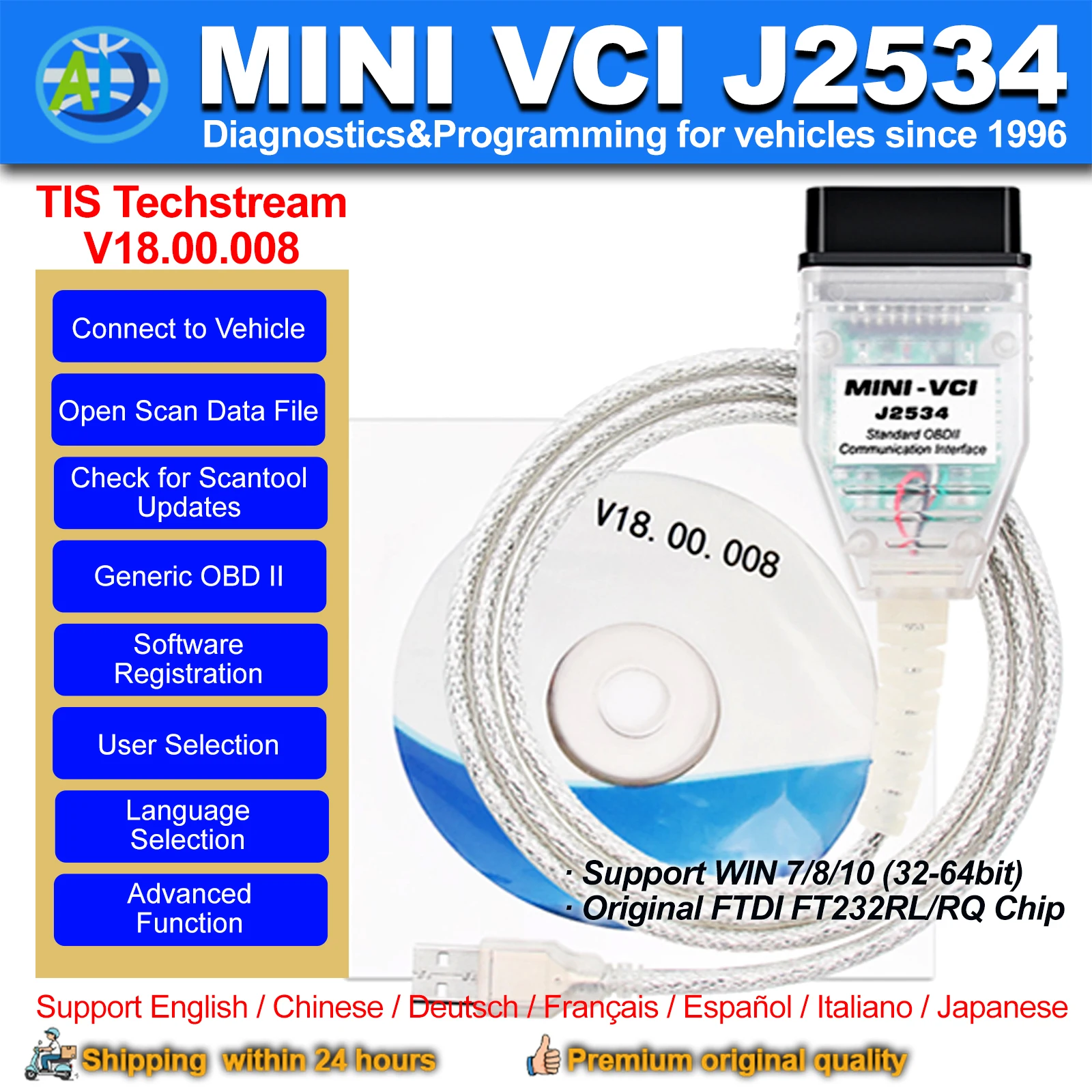 MINI VCI J2534 V18.00.008 OBDII Interface For TIS Techstream Original FTDI OBD2 Diagnostic Tool Auto Scanner for Toyota/Lexus