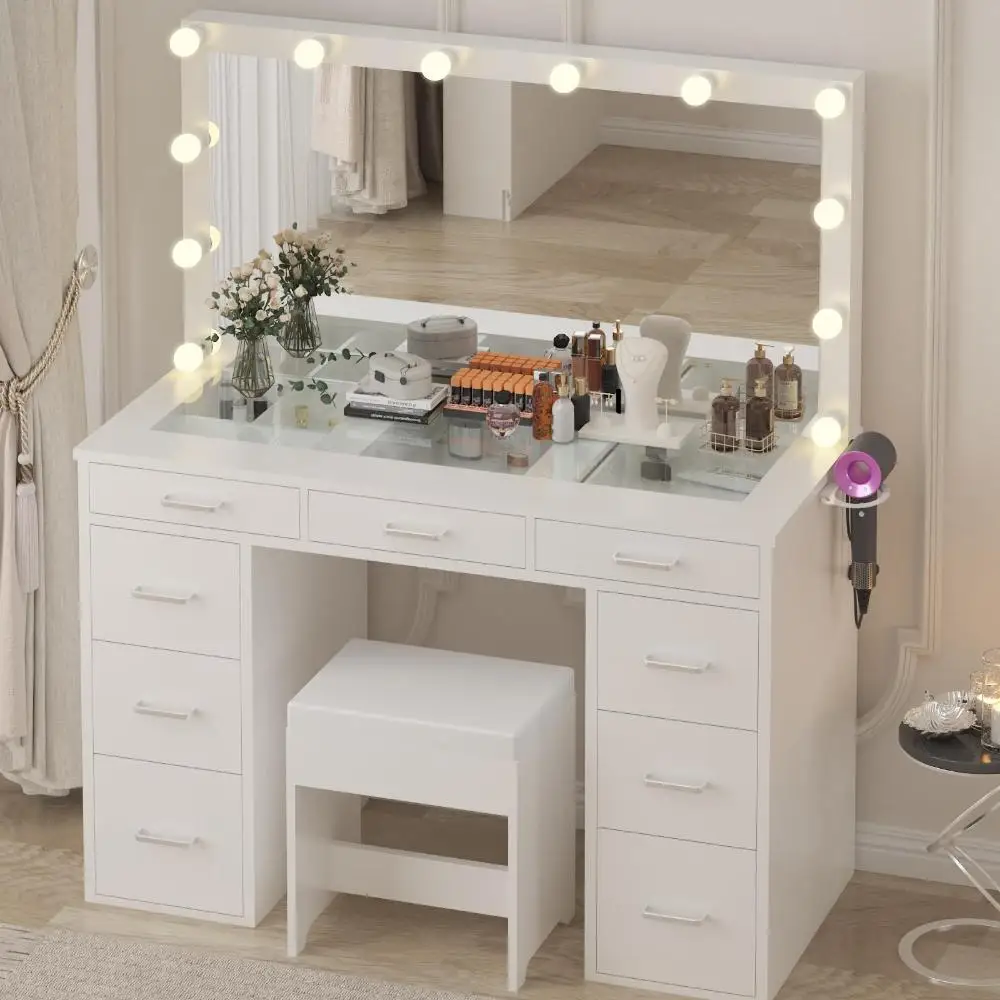 Vanity Desk with Mirror and Lights & Power Strip, Glasstop Vanity Makeup Desk Set with 9 Drawers for Women Girls