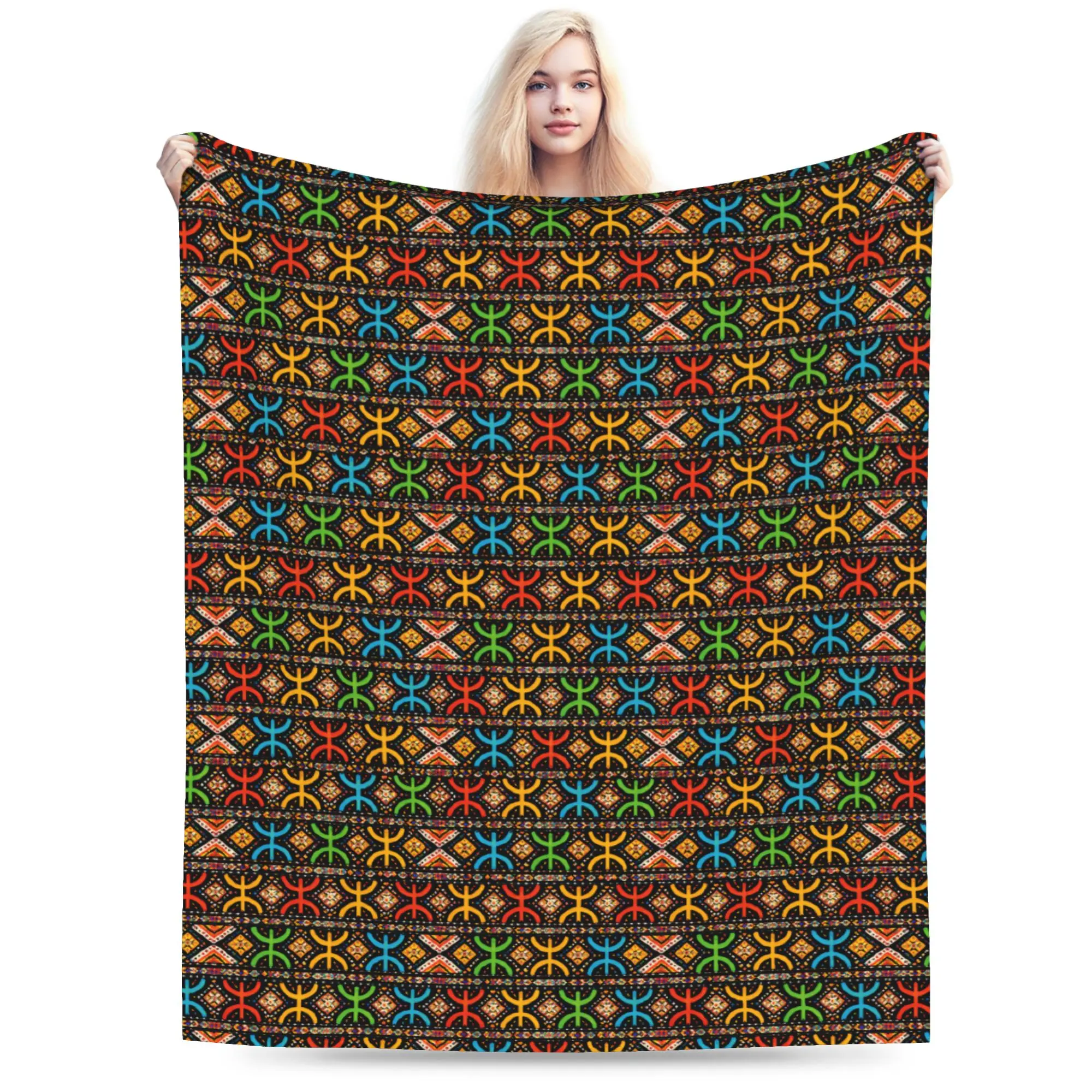 Custom Ultra-Soft Fleece Amazigh Yaz Symbol Berber Pattern Throw Blanket Warm Flannel  Blankets for Bed Office Couch Bedspreads