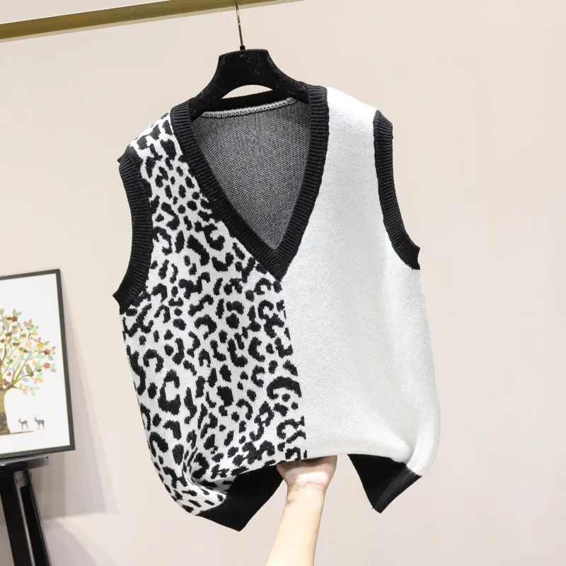 #3908 Spliced Color Leopard Sweater Vest Women Slim V-neck Short Kntted Vest Pullovers Vintage Korean Style Retro Vest Waistcoat