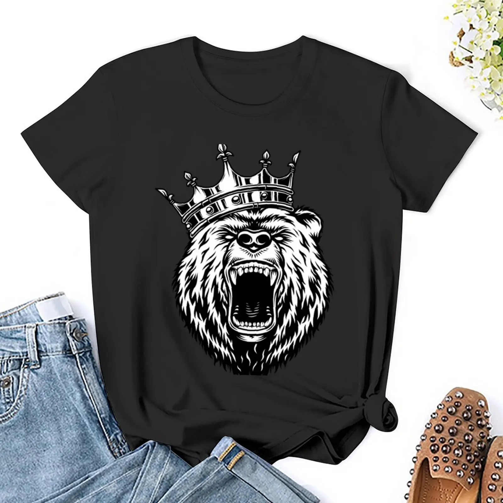 Bear King - Bear wearing Crown camiseta, ropa de verano, ropa hippie gráfica para mujer