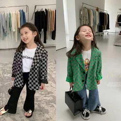 2024 Girl Loose Coat Chessboard Pattern Leisure Suit Tops Spring Autumn Korean Clothes Children's Clothing Jackets