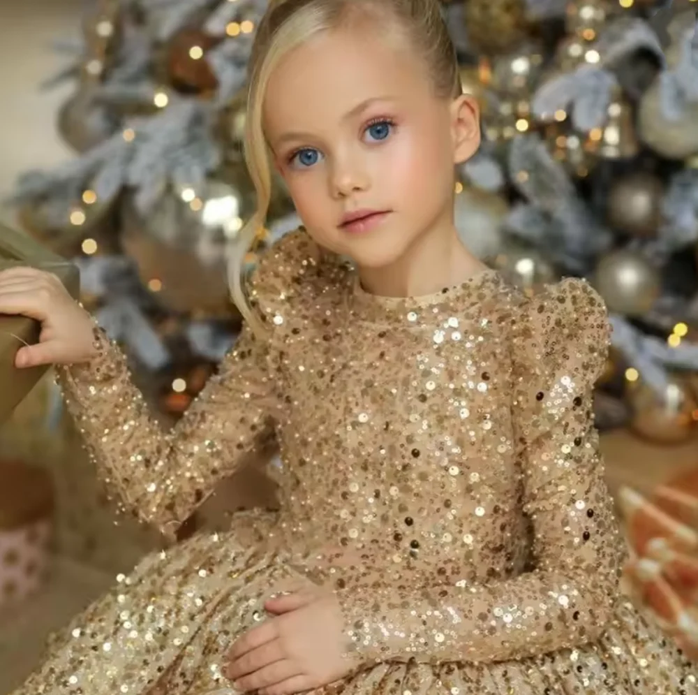 

Flower Girl Dress Silver Sequin Luxury Long Sleeves Puffy Kids Girls Pageant Wedding Birthday Gift Party First Communion Gown