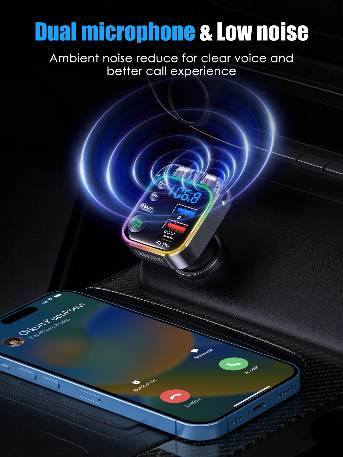 LENCENT Bluetooth 5.3 FM-передатчик с PD 30 Вт и быстрое зарядное устройство QC3.0 Автомобильный адаптер Bluetooth Hi-Fi Музыка/Прозрачный автомобильный комплект для вызова