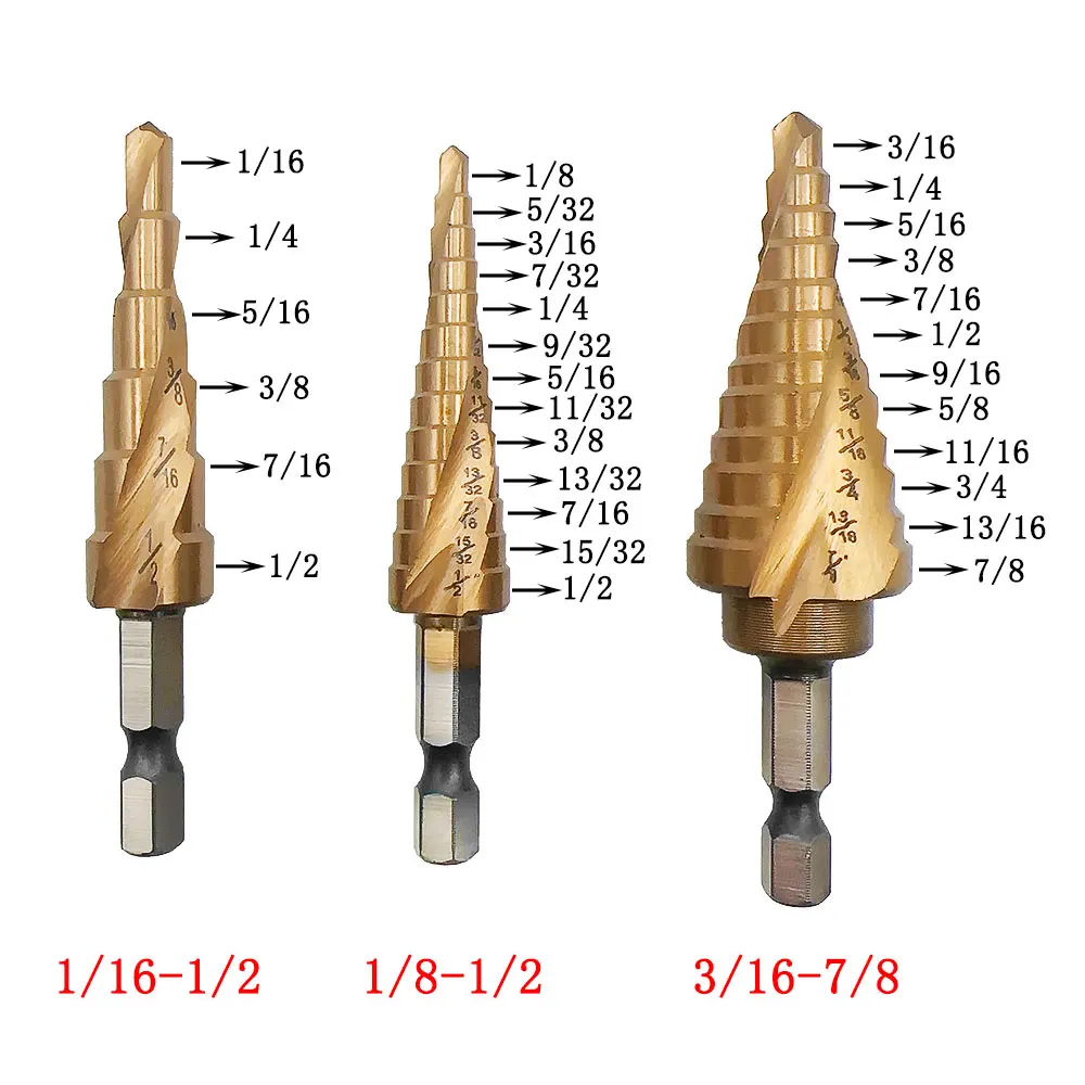 مجموعة ثقب مثقاب متدرج مطلي بالتيتانيوم ، مقبض سداسي ، أخدود حلزوني ، صغير ، نظام باغودا ، نظام بريطاني ، 3 #4