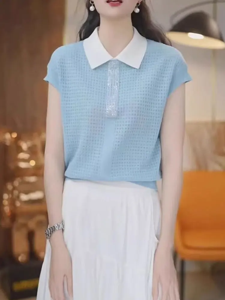 Korean Sle  Ne Ice Silk Knitted Top Women's Casual Boting irt Summer 2025 Faionable Base Layer T-irt