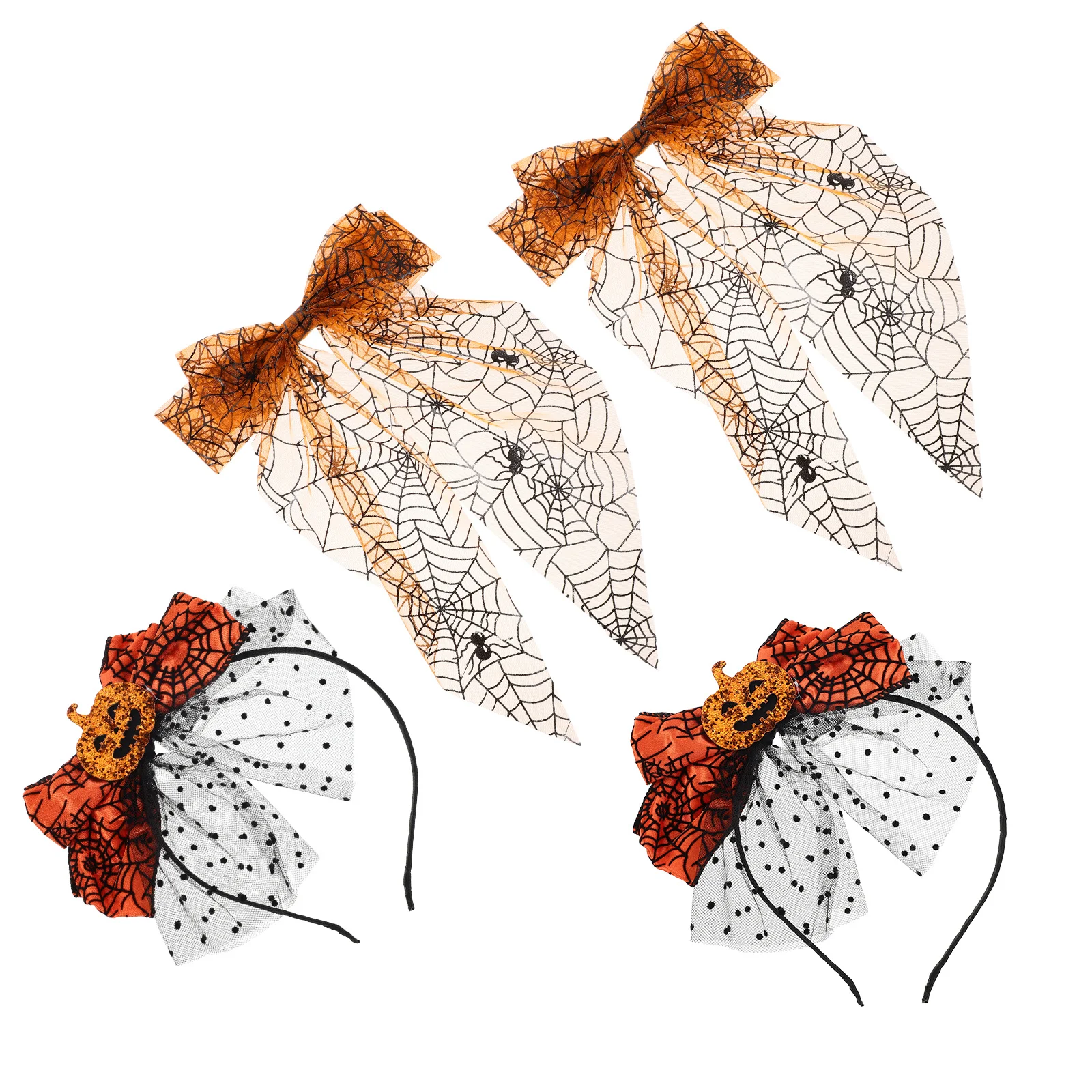 

1Set Halloween Hair Accessories Pumpkin Headband Long Tail Bowknot Clips Mesh Tulle Design For Thanksgiving Fall Festival Party