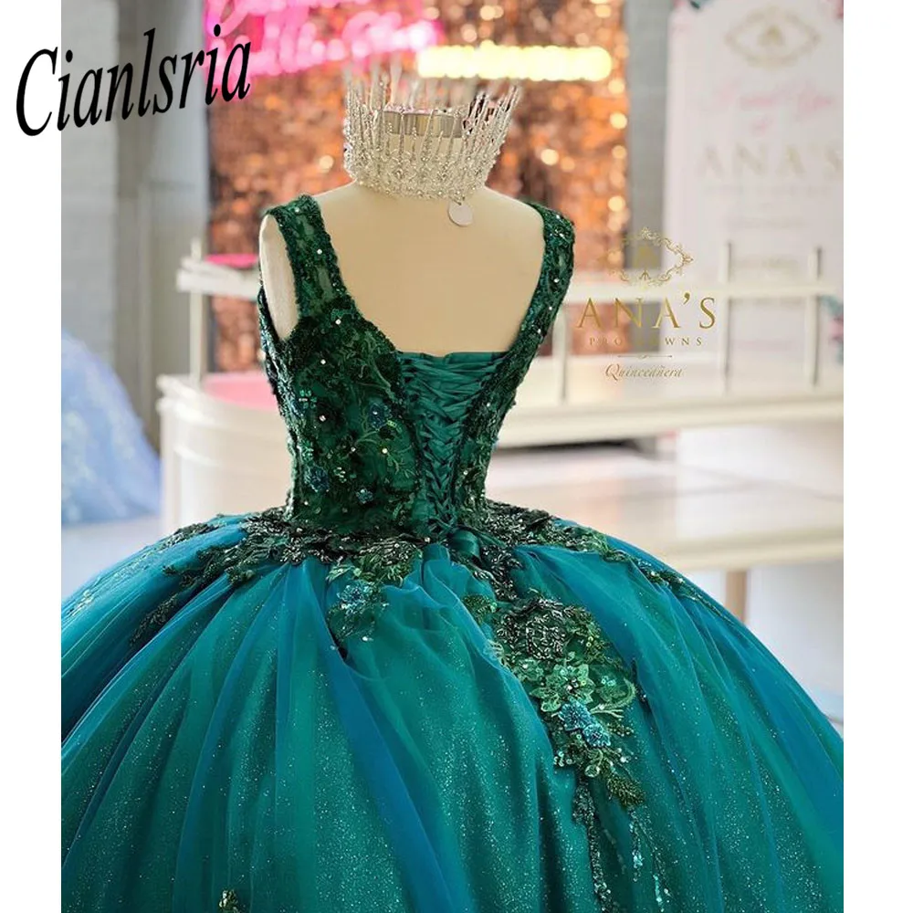 Gaun Bola Gembung Gaun Quinceanera Gaun Pesta Payet Tulle Sweetheart Putri Renda Formal Hijau Gaun Vestidos De 15 Años