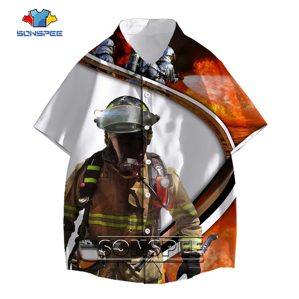 SONSPEE Summer 3D Print Fireman Firefighter Harajuku Blouse Unisex Fire Fighting Oversized Streetwear Breathable Tops & Tees