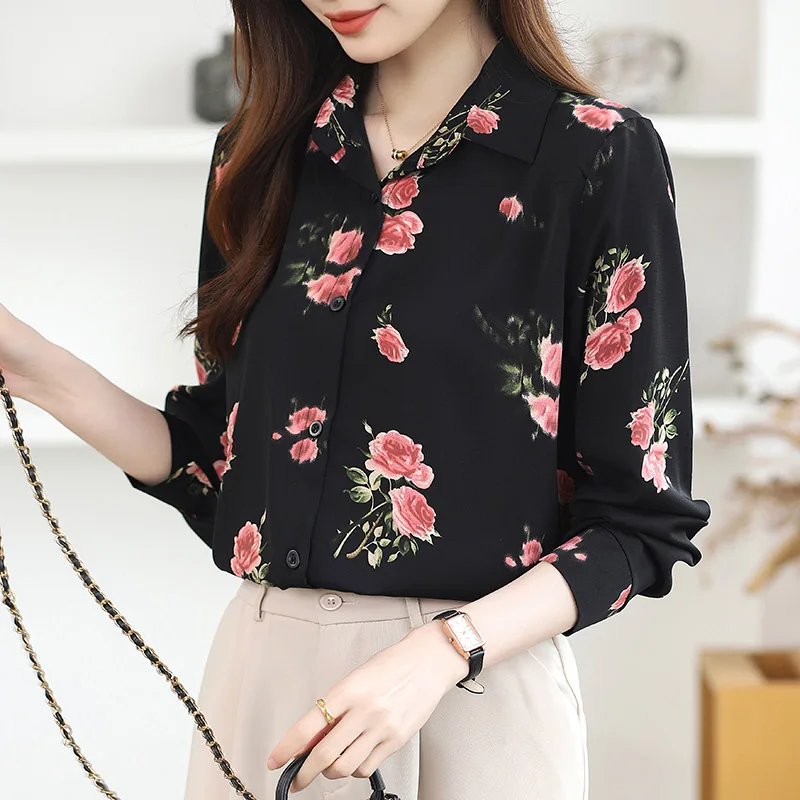 Women Clothing Elegant Fashion Long Sleeve Chiffon Shirt Spring Autumn Casual Loose Turn-down Collar Button Blouses Chic Y2k Top