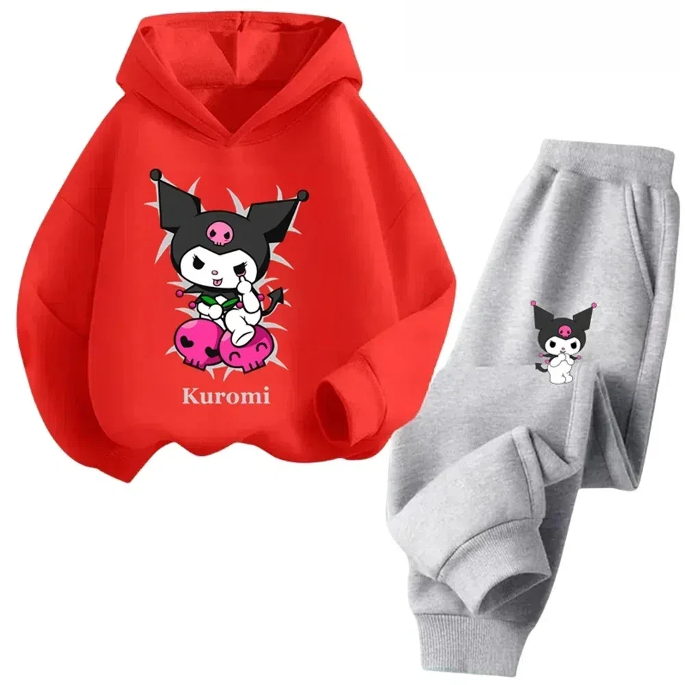 Hello Kitty Kuromi Cartoon Boys and Girls 3-14 Years Old Kawaii Street Casual Sweatshirt Children's Outdoor Sports Hoodie Set