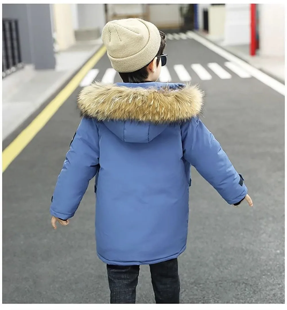 Winter Down Jacket For Children Thick Warm Faux Fur Hooded Coat Lengthen Windproof Winter Cotton Clothes Kid\'s Padded Jacket