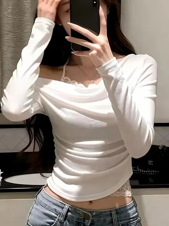 Korean Style Pure Desire Long Sleeve Lace Patchwork Slim Fit Women's T-shirt Base Layer Shirt Top for Autumn Season