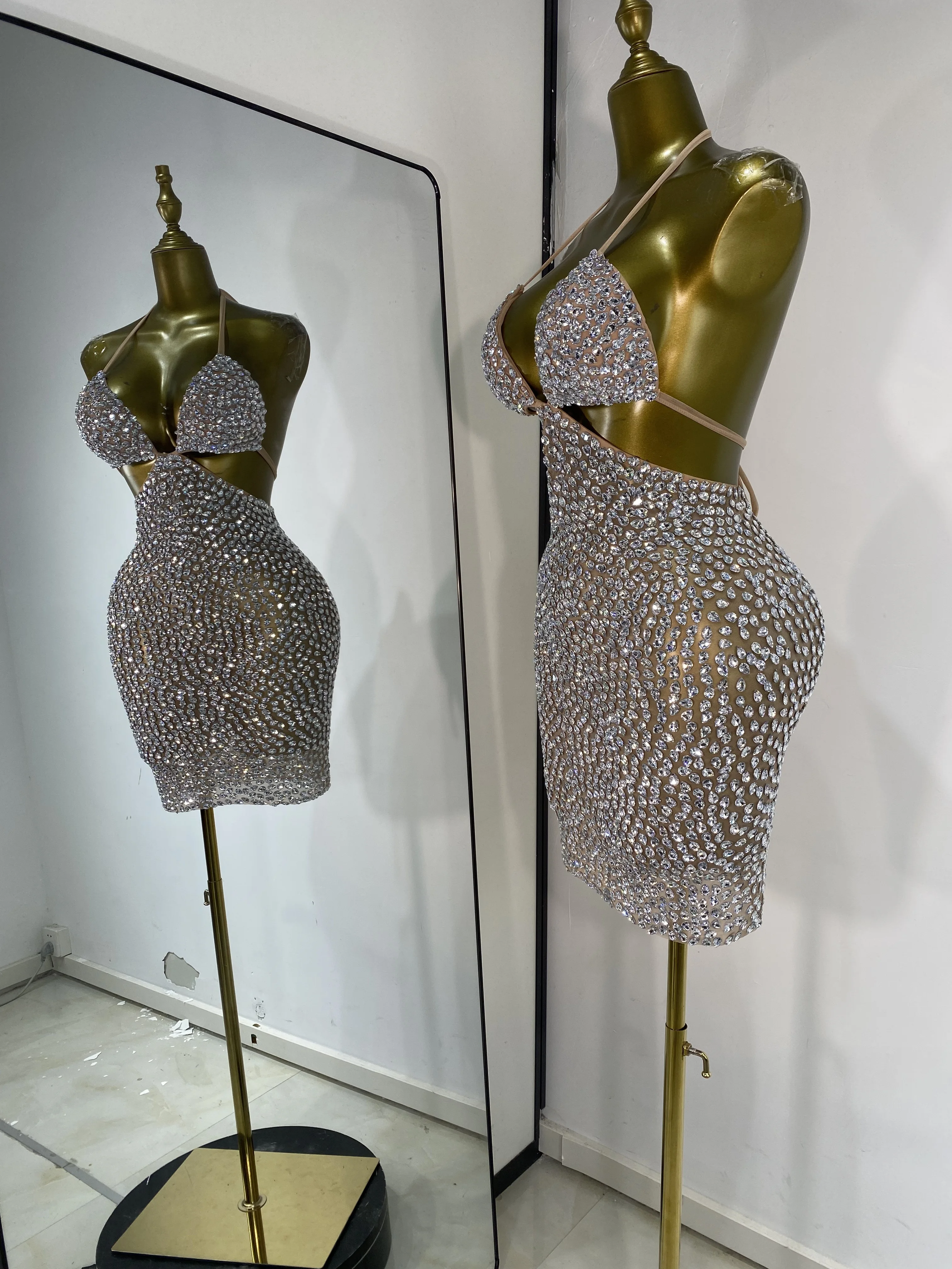 Vestido corpiño de malla con cristales para mujer, minivestido Sexy recortado con espalda descubierta, transparente, para fiesta y Club nocturno, disfraces de escenario