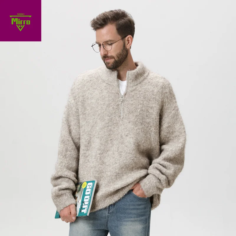 

【Mirrordust】Новый осенне-зимний теплый свитер с воротником-стойкой на молнии для мужчин, мягкий однотонный трикотаж большого размера