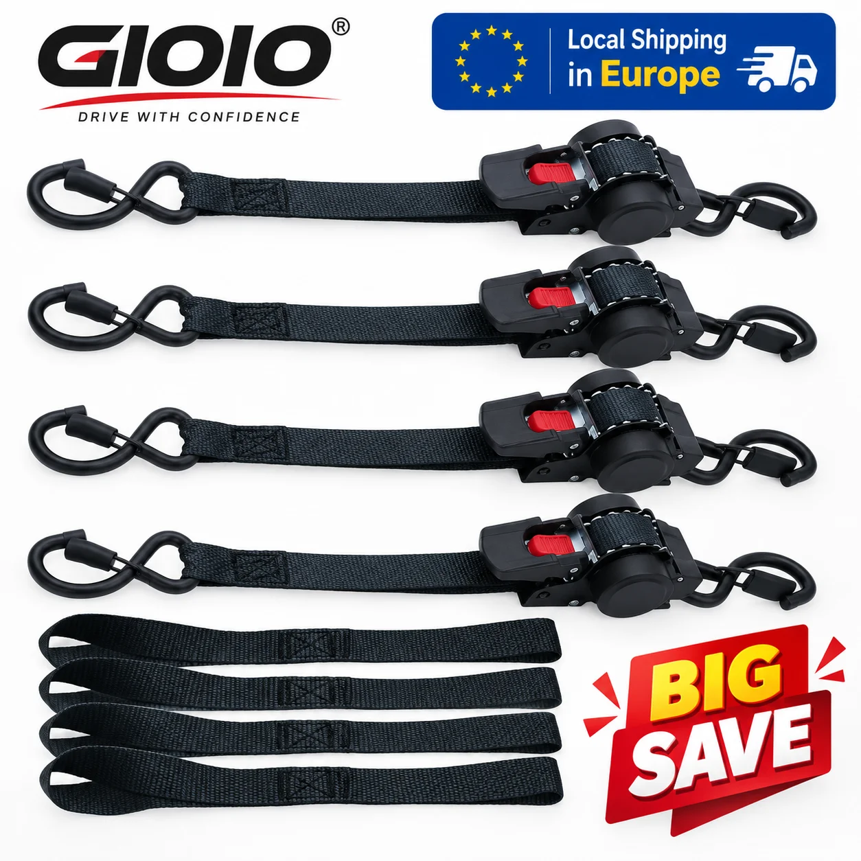 GIOIO Cinghia di fissaggio a cricchetto retrattile 25mm x 3,5m con avvolgimento automatico, cintura di sicurezza per carico con ganci a S per moto, rimorchio, portapacchi per camion, trasporto bagagli