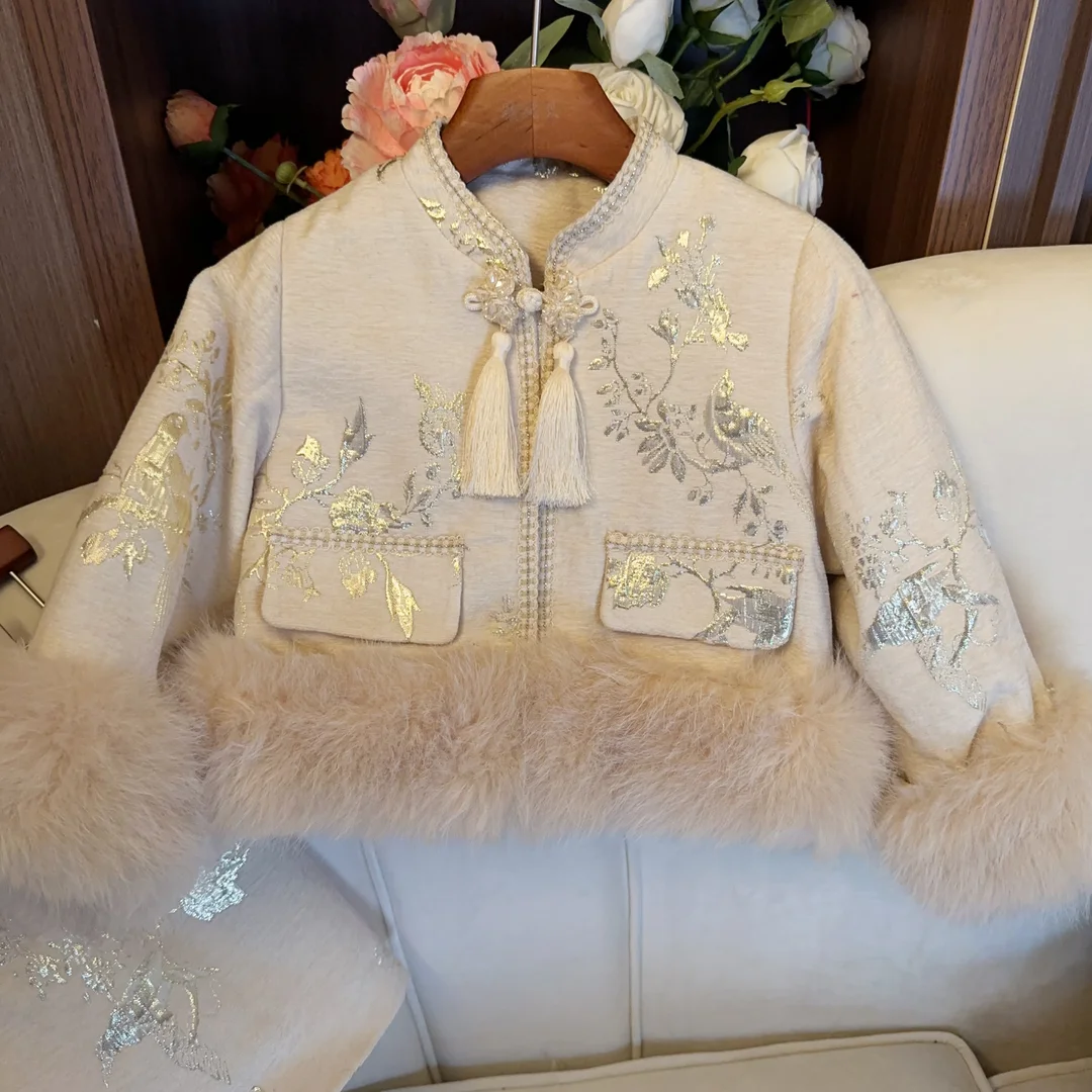 Embroidery Floral Thick Coat+Shortskirt 2PCS Kids Winter Princess Clothes Set Toddler Girl Autumn Clothing Children Elegant Suit