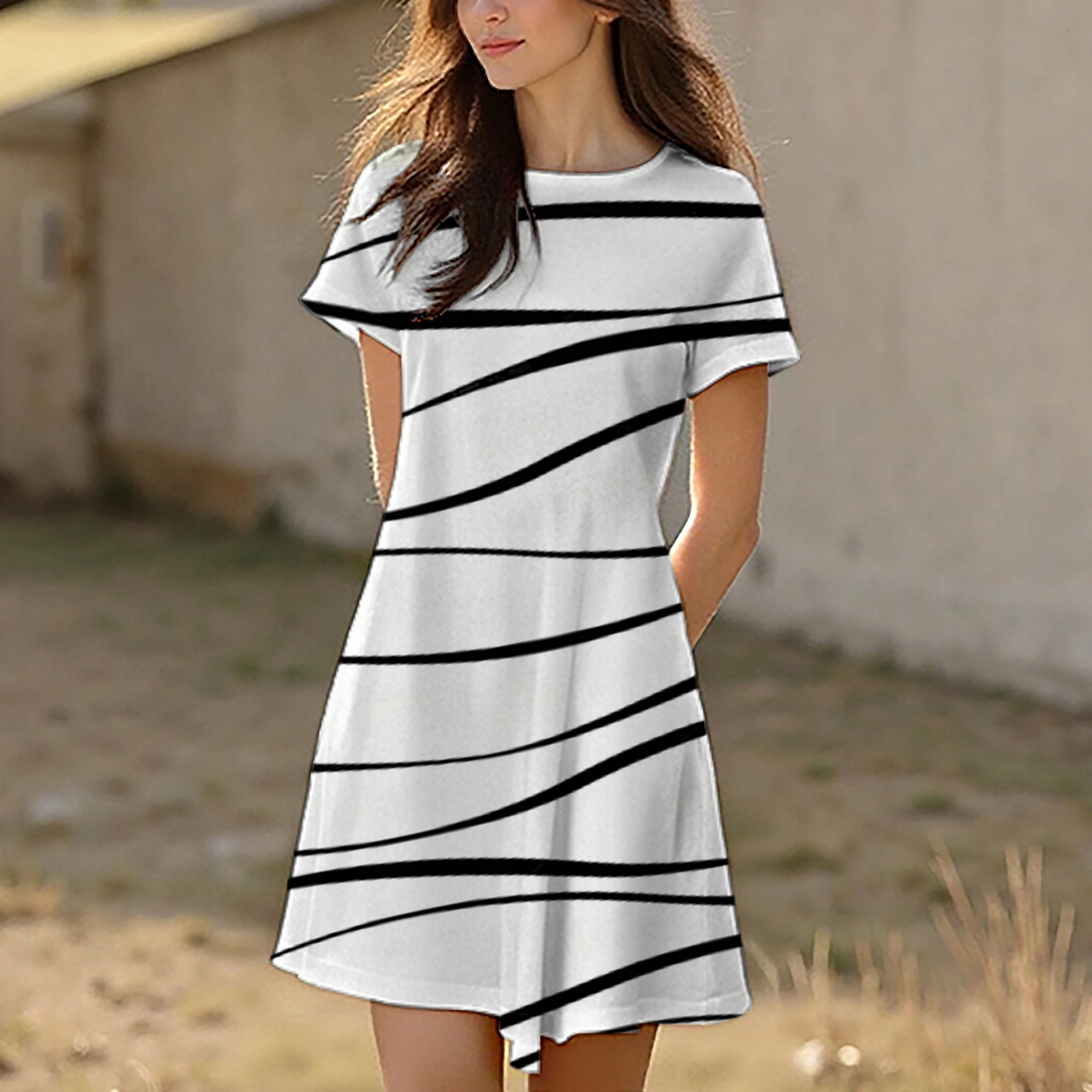 Vestido feminino de verão com gola redonda e padrão listrado de bolinhas, casual, confortável, elegante e respirável