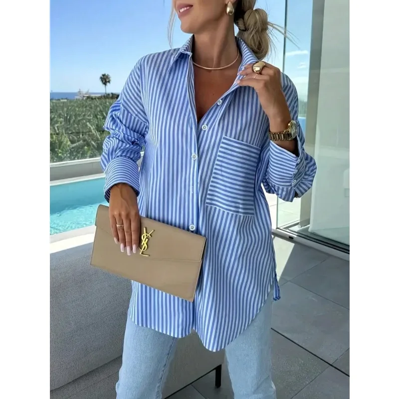 

Большие размеры 1XL-5XL, новая женская рубашка с длинным рукавом в полоску и карманами на пуговицах, синий повседневный свободный топ