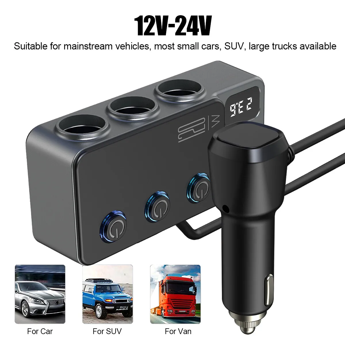 3 slot car charger cigarette lighter dispenser USB C fast charging adapter socket