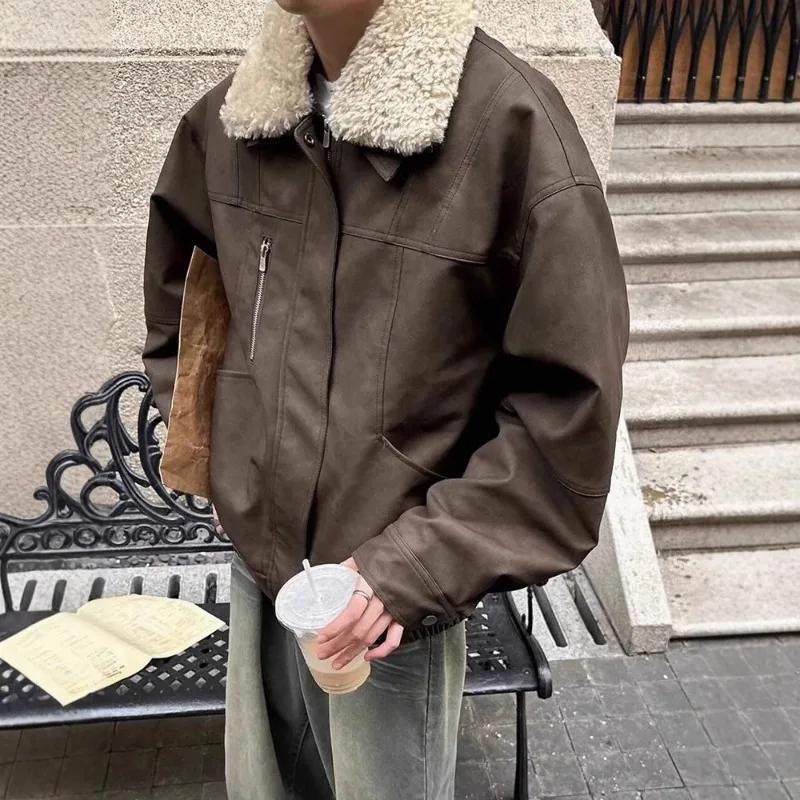 

Модное уличное пальто с хлопковой подкладкой, мужская зимняя куртка с хлопковой подкладкой в стиле хип-хоп, ретро, копия меха, съемное пальто из кожи ягненка