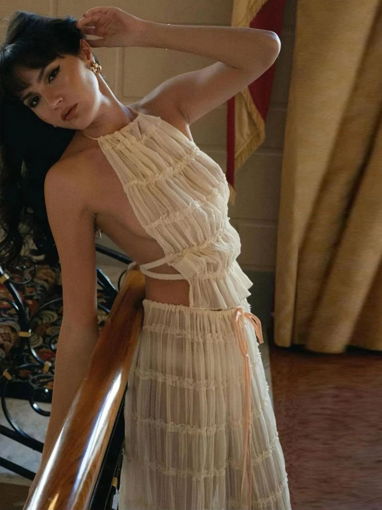 Conjunto de Top Cropped com Renda e Saia Longa com Design de Alça no Pescoço para Mulheres Jovens, Moda de Verão, Conjunto de...