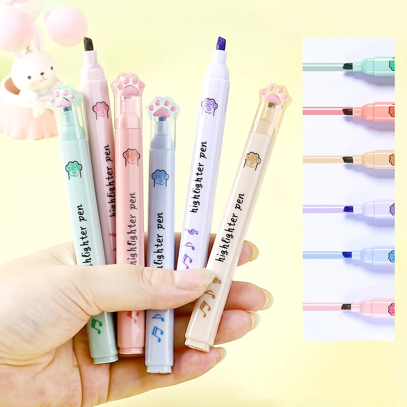 6pcs Cartoon Cute Paw Highlighter Pens Set Lovely Cat Claw Soft Brush Marker Spot Liner Drawing Paint Office School F7170