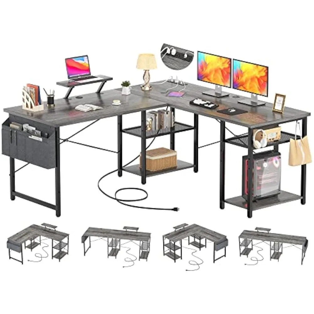 haped Desk with Outlet and USB Charging Ports, L-Shaped Desk with Storage Shelves Reversible Corner Computer Desk 2 Pers