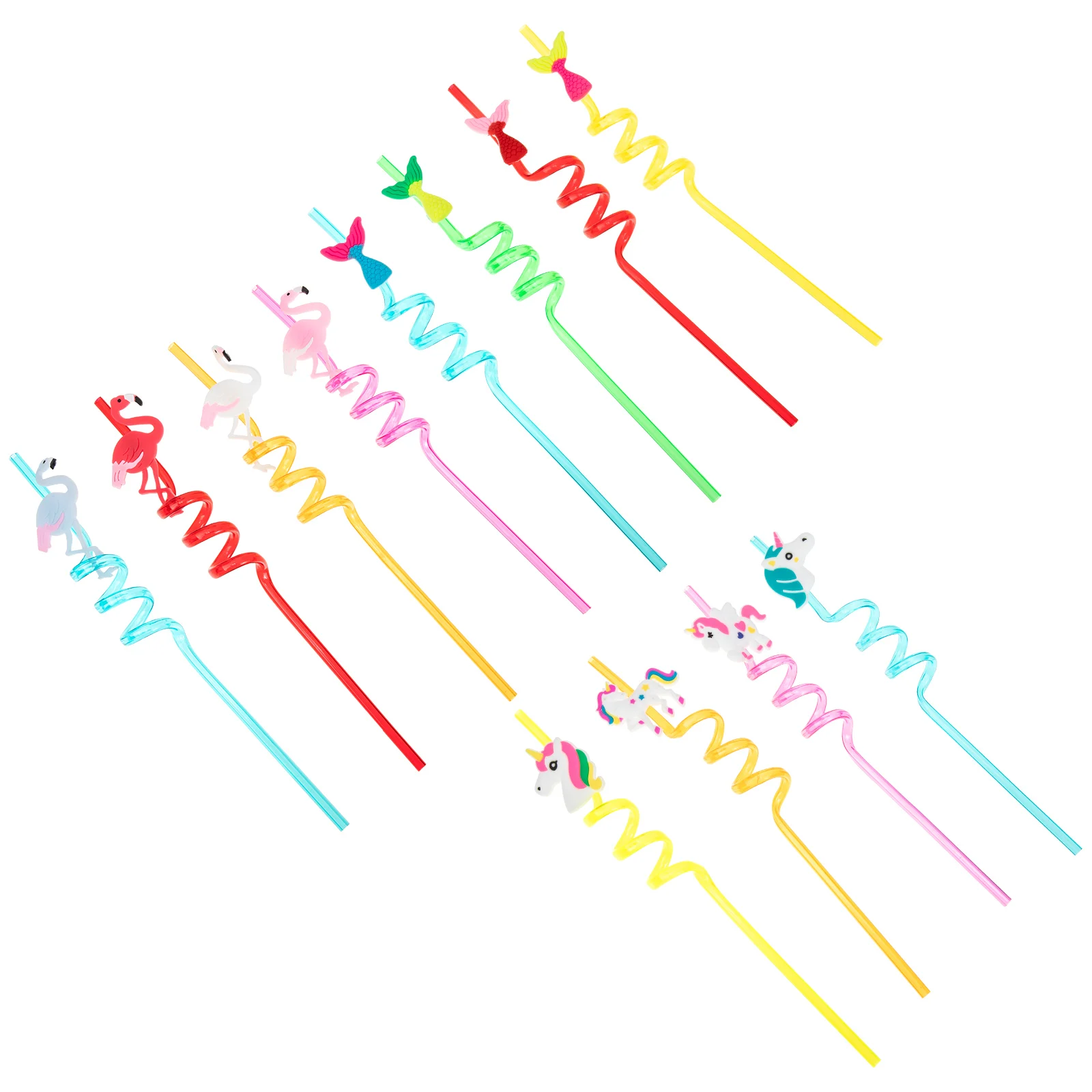 

12 Pcs Birthday Flamingo Mermaid Unicorn Reusable Plastic Drinking Spiral Summer Festival Kitchen Bar Supplies
