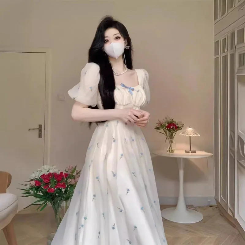 

Перерыв на чай Platycodon Grandiflorum, французское платье с пышными рукавами и цветочным принтом, сказочное летнее супер сказочное темпераментное длинное платье принцессы