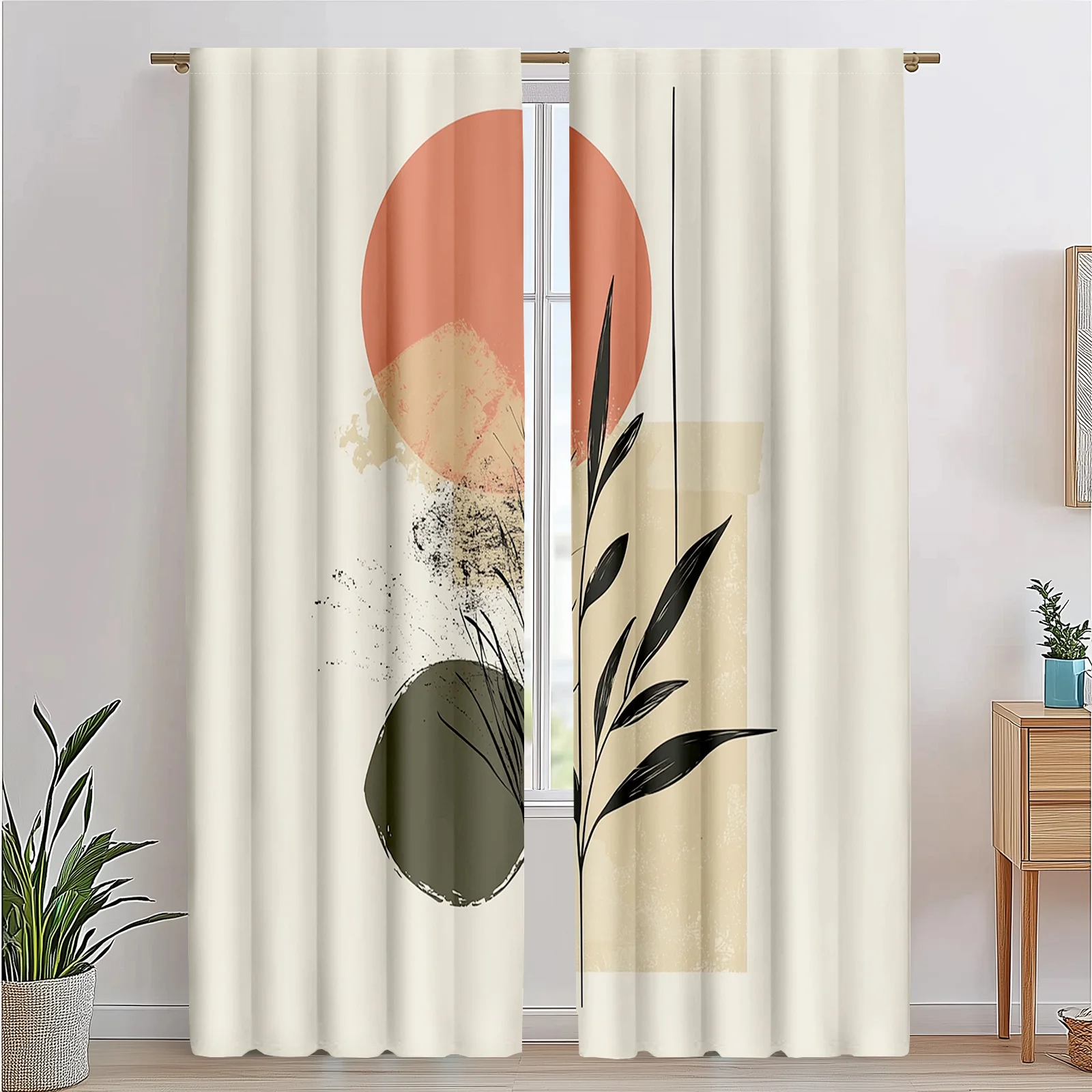 2pcs Mid Century Modern Plant Leaves Curtains, Abstract Vintage Art 3D Printed Blackout Drapes
