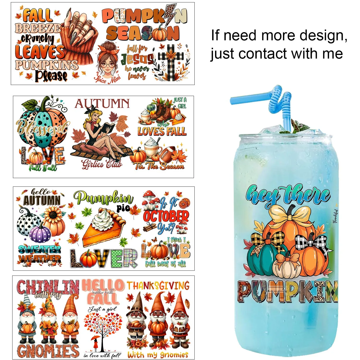 Fall cozy Cottagecore vibe 16oz UV DTF waterproof DIY Decals 3D transfer uvdtf sticker 16oz uv dtf cup wraps for Libbey Glasses