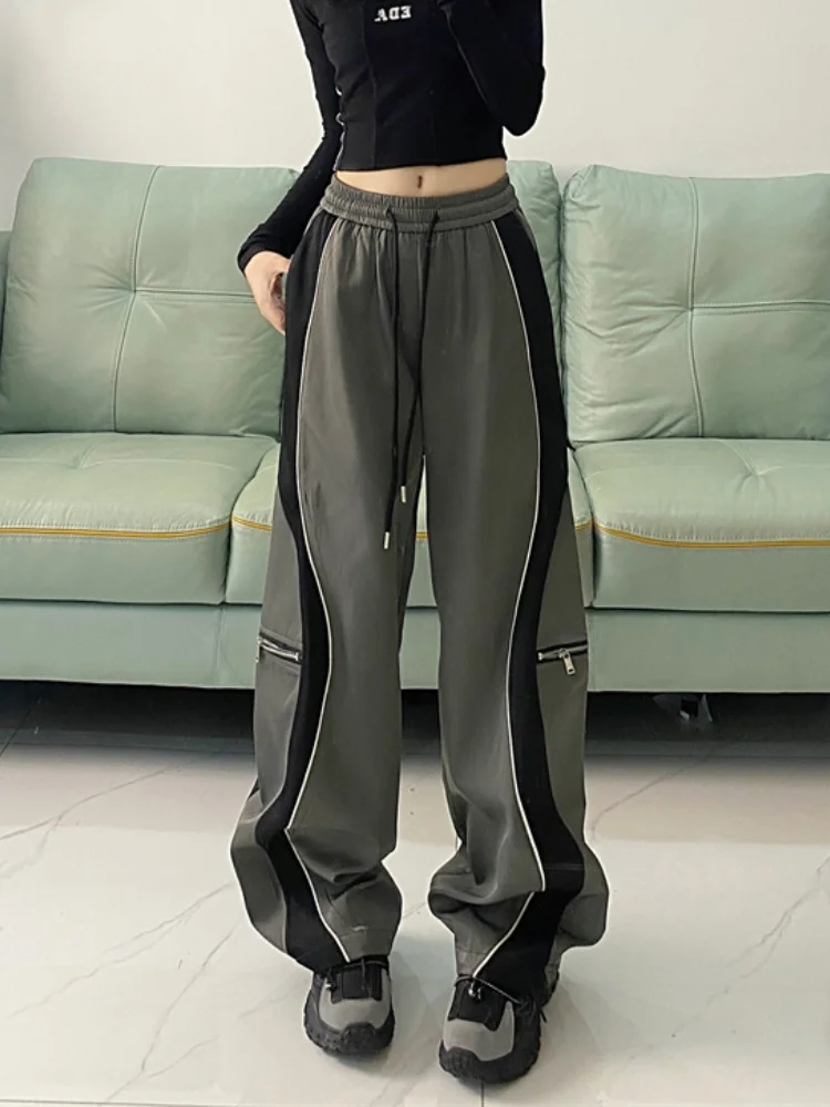 2024 Cyber Y2K Streetwear Striped Zipper Baggy Elastic Wasit Pants For Women Clothes Drawstring Sweatpants Dress Lady Trousers