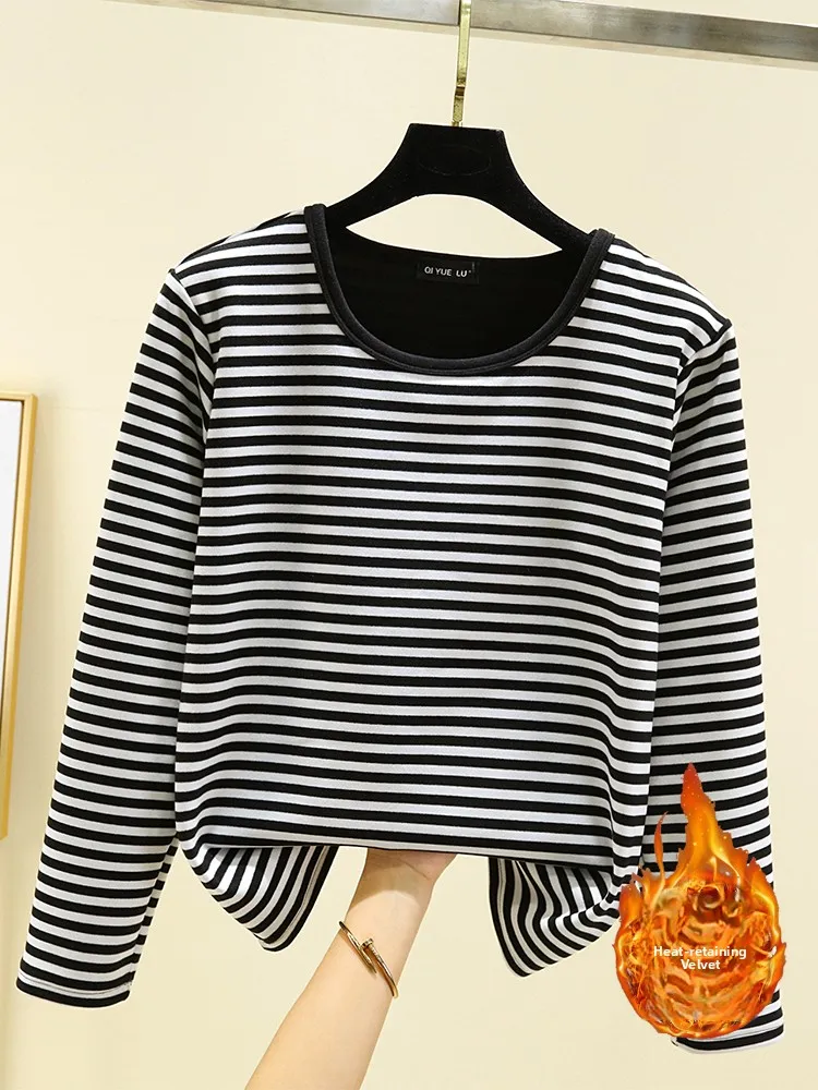 

Утепленная женская футболка с длинным рукавом и круглым вырезом, облегающая, базовая, с полосатым дизайном, осенне-зимний топ