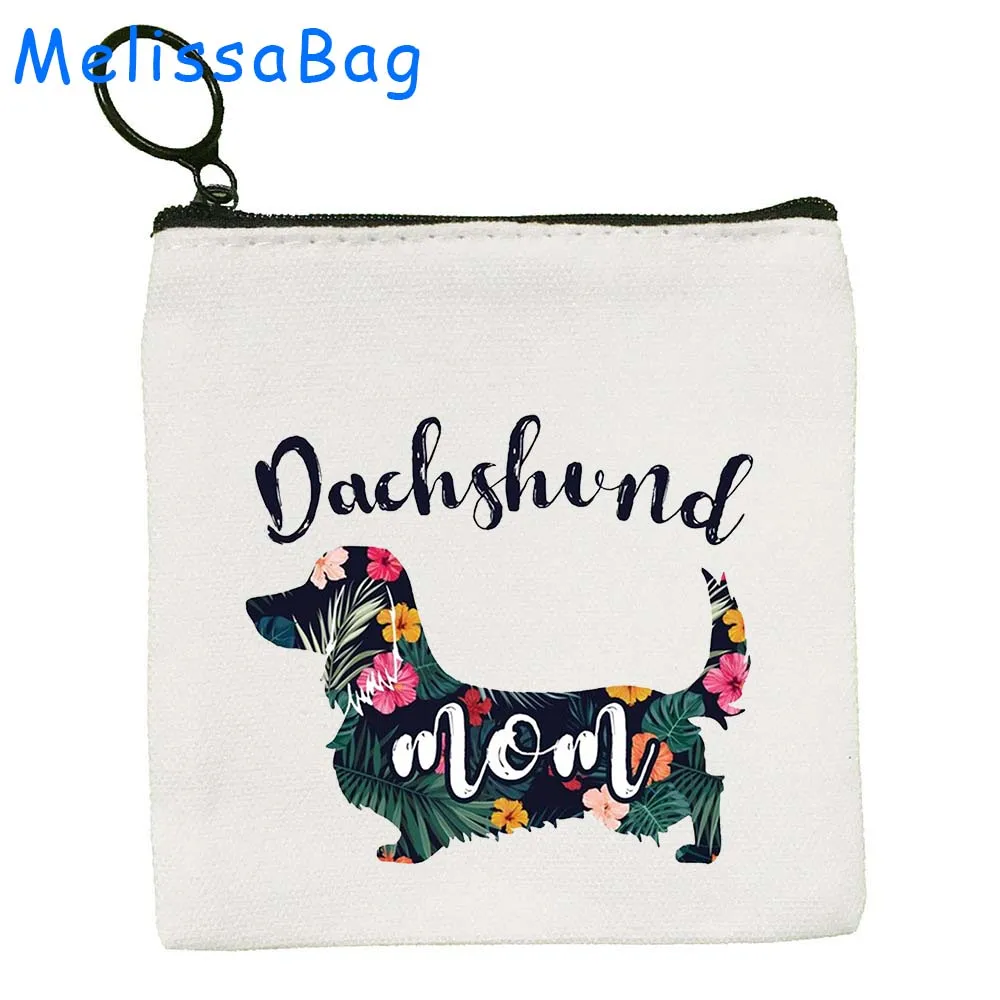 Cute Dachshund Puppy Dog Mom Floral Silhouette Cartoon Hippie Dog Lover Heart Gifts Canvas Coin Purse Key Case Bag Zipper Pouch